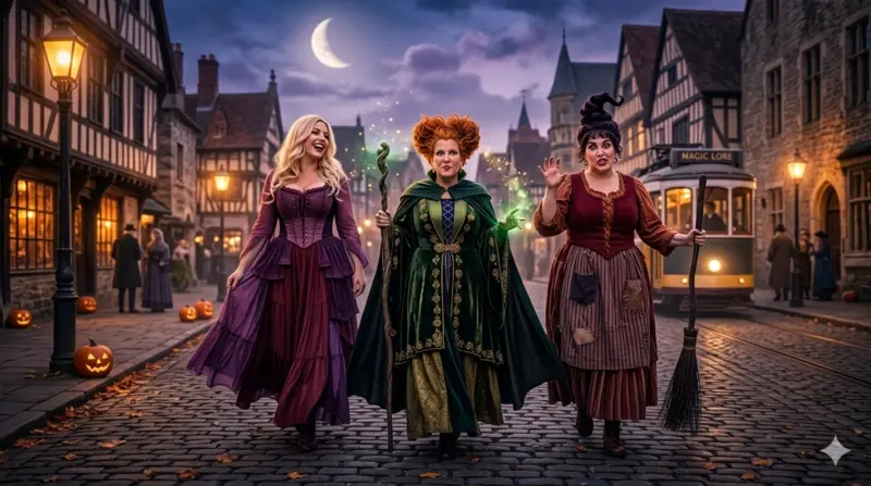 Tres mujeres caracterizadas como las brujas de Salem con vestidos de época en verde, púrpura y rojo caminando por una calle antigua de noche.