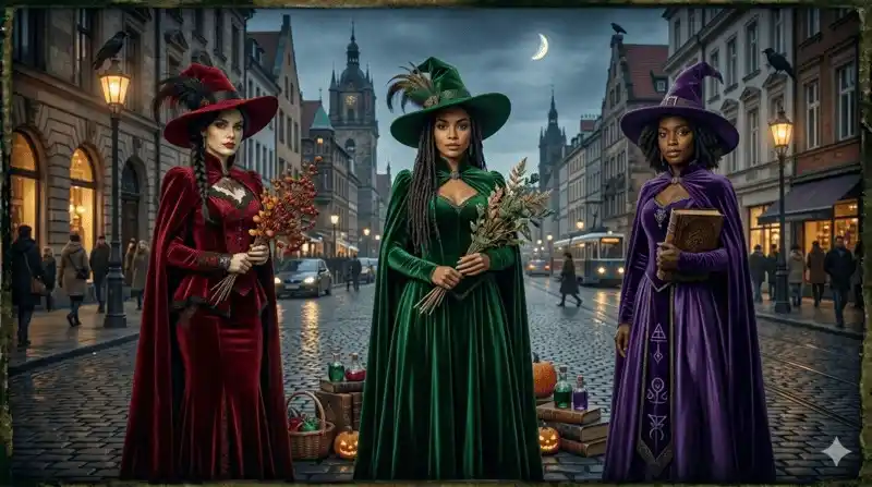 Trío de disfraces de las hermanas Sanderson en colores rojo, verde y morado.