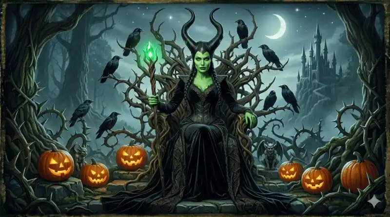 Disfraz de hechicera oscura con cuernos negros y túnica de gala.