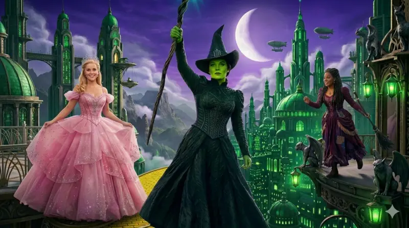 Disfraz de Elphaba con piel verde y sombrero puntiagudo junto a Glinda con vestido rosa brillante en un escenario mágico de Halloween.