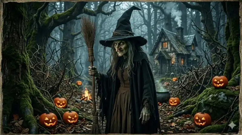 Disfraz de bruja de cuento tradicional con túnica verde y sombrero puntiagudo.