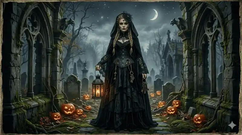 Disfraz de bruja gótica con vestido de encaje negro y estética oscura.