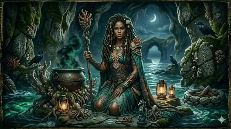 Disfraz de bruja del mar con estética vudú, rastas y detalles marinos.
