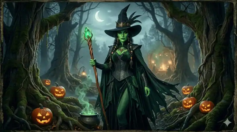 Disfraz de bruja verde esmeralda inspirado en el estilo de Ciudad Esmeralda.