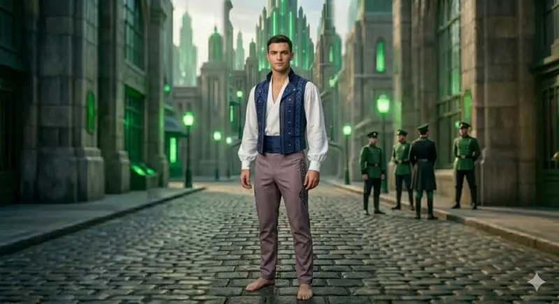 Chico disfrazado de Fiyero con el atuendo de príncipe Winkie: chaleco azul con patrones geométricos, camisa blanca de estilo poeta y pantalones malva.