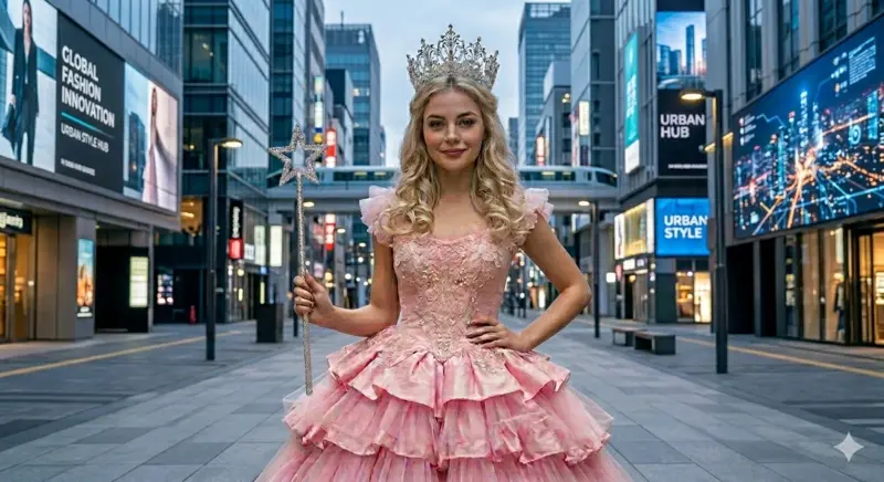 Mujer rubia con un gran vestido de gala azul pálido brillante y plateado, tiara ostentosa y varita de estrella, bajando en una burbuja mágica sobre la Ciudad Esmeralda.