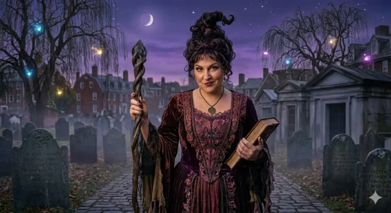 Disfraz de Mary Sanderson para mujer con peinado de moño alto negro y vestido granate en un ambiente místico de Salem.