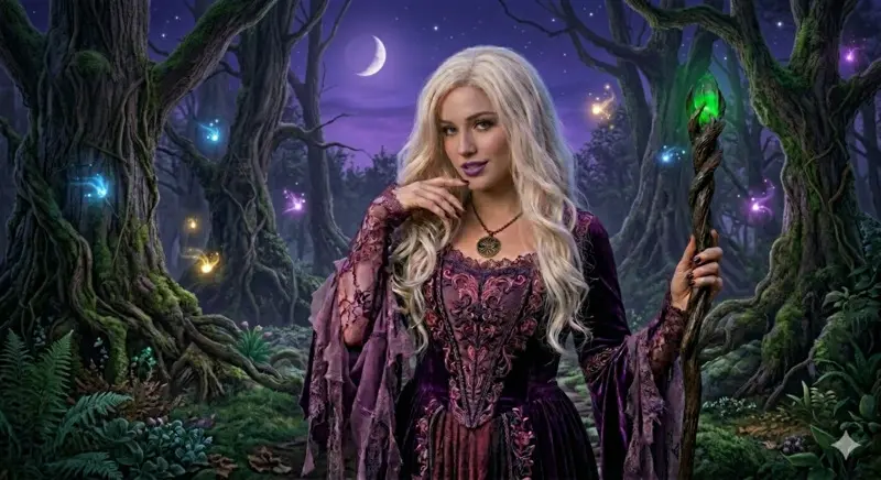 Mujer joven disfrazada de Sarah Sanderson con vestido de terciopelo púrpura y pelo rubio platino en un bosque encantado