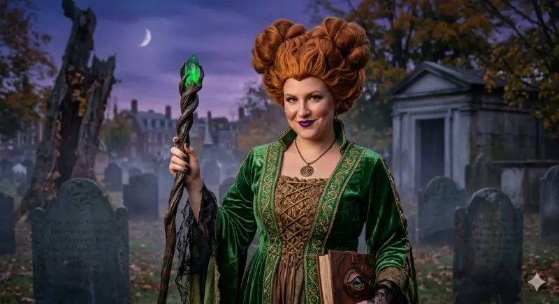 Chica con disfraz de Winifred Sanderson sosteniendo un bastón mágico y el libro de hechizos en un cementerio de noche.