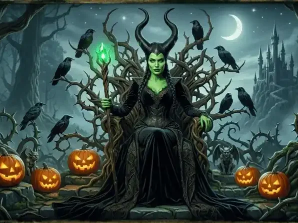 Disfraz de hechicera oscura con cuernos negros y túnica de gala.